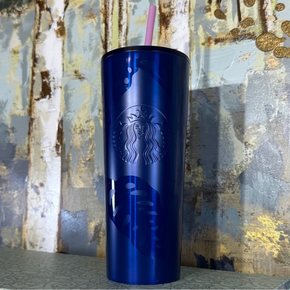 Starbucks Other - Starbucks Cobalt Blue Monstera Leaf Stainless Steel Tumbler